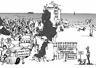 De arme bevolking van Curacao, de vissers en verscheidene natuurorganisaties vrezen dit beeld met de komst van de Beach Management Authority. Cartoon Joes Wanders.